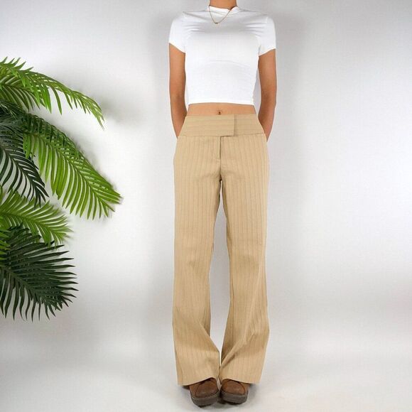 Women's Vintage Y2K Khaki Striped Classy Low Rise Bootcut Chino Dress Pants / 9 - Picture 1 of 7